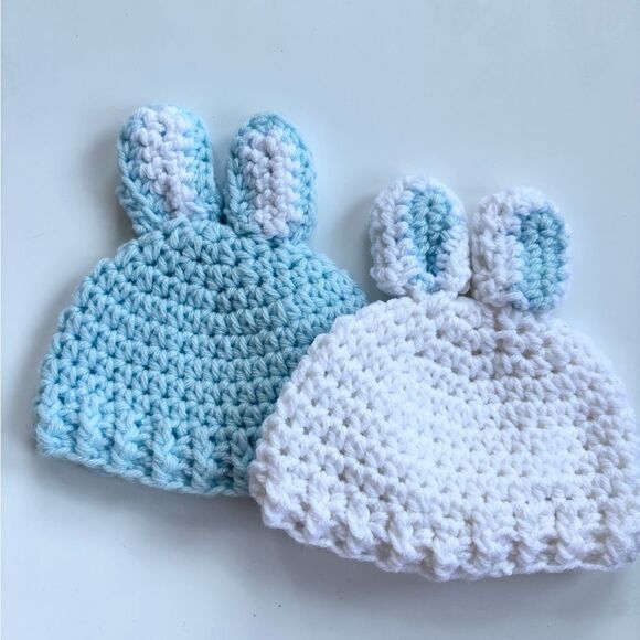 Bunny Crochet Baby Hat Set of 2 Blue 0-3 Mon - Picture 1 of 6